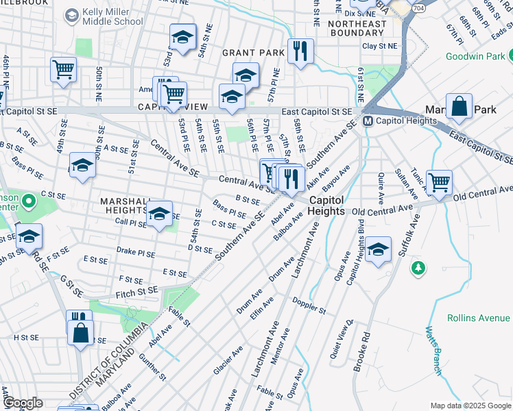 map of restaurants, bars, coffee shops, grocery stores, and more near 5615 B Street Southeast in Washington