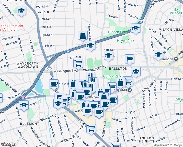 map of restaurants, bars, coffee shops, grocery stores, and more near 1132 North Randolph Street in Arlington