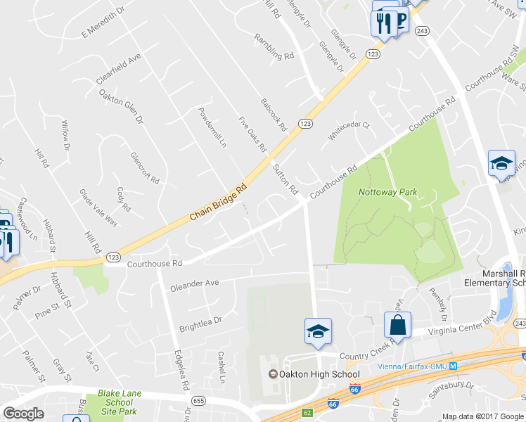 map of restaurants, bars, coffee shops, grocery stores, and more near 9727 Hidden Valley Road in Vienna
