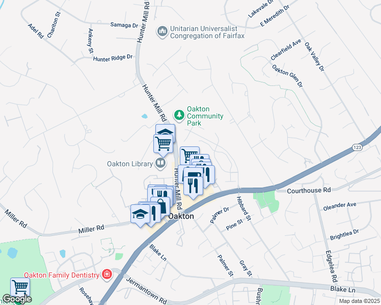 map of restaurants, bars, coffee shops, grocery stores, and more near 2863 Hunter Mill Road in Oakton