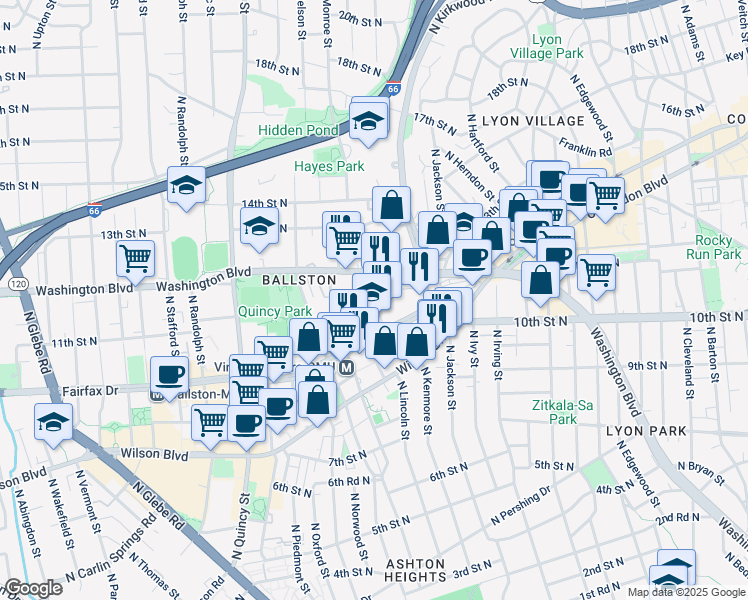 map of restaurants, bars, coffee shops, grocery stores, and more near in Arlington