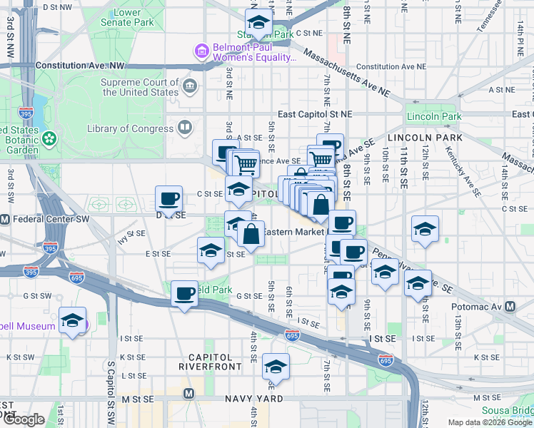 map of restaurants, bars, coffee shops, grocery stores, and more near 101 Independence Avenue Southeast in Washington