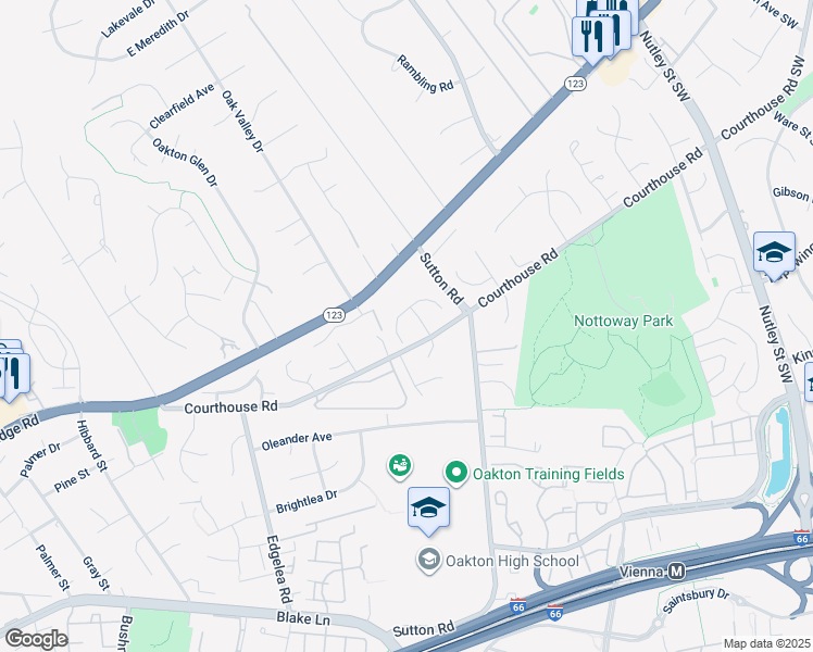 map of restaurants, bars, coffee shops, grocery stores, and more near 9727 Hidden Valley Road in Vienna