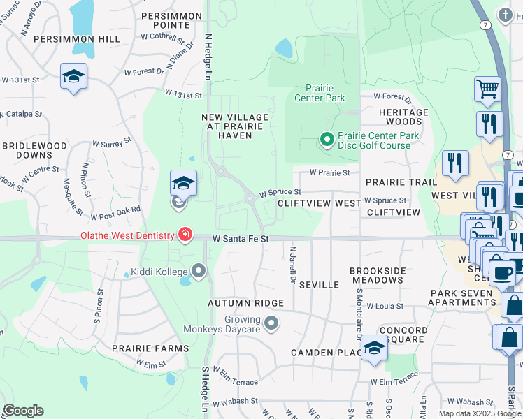 map of restaurants, bars, coffee shops, grocery stores, and more near 256 North Hedge Lane in Olathe