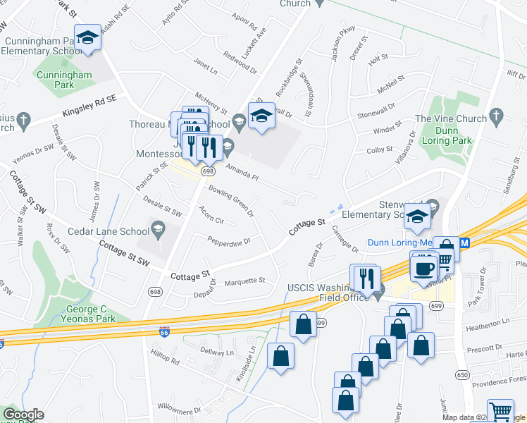 map of restaurants, bars, coffee shops, grocery stores, and more near 2624 Wooster Court in Vienna