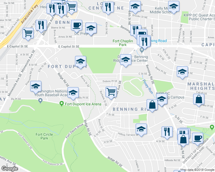map of restaurants, bars, coffee shops, grocery stores, and more near 4348 D Street Southeast in Washington