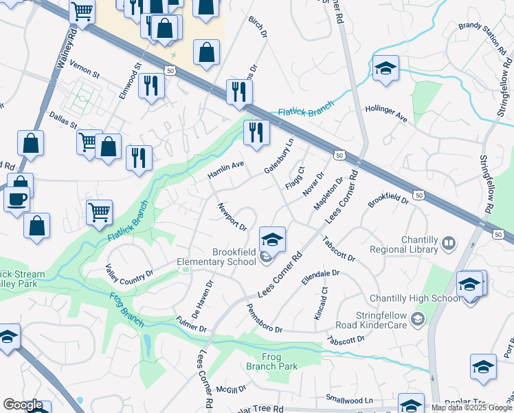 map of restaurants, bars, coffee shops, grocery stores, and more near 13736 Penwith Court in Chantilly