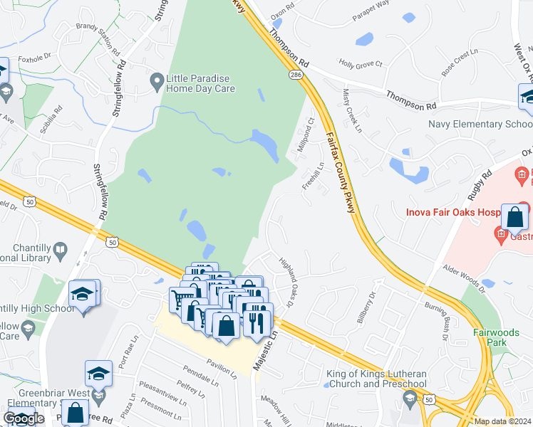 map of restaurants, bars, coffee shops, grocery stores, and more near 3828 Highland Oaks Drive in Fairfax