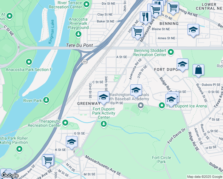 map of restaurants, bars, coffee shops, grocery stores, and more near 3422 Minnesota Avenue Southeast in Washington