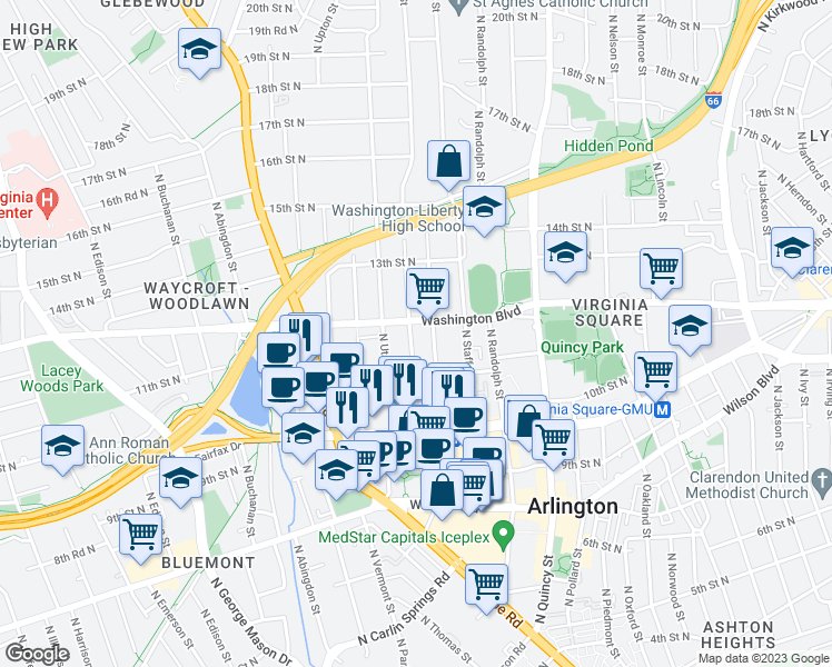 map of restaurants, bars, coffee shops, grocery stores, and more near 1147 North Taylor Street in Arlington