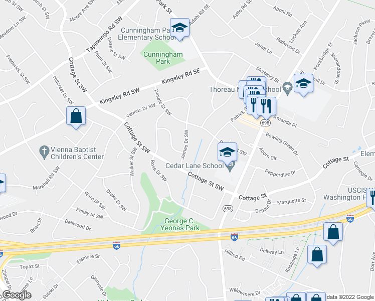 map of restaurants, bars, coffee shops, grocery stores, and more near 116 James Drive Southwest in Vienna