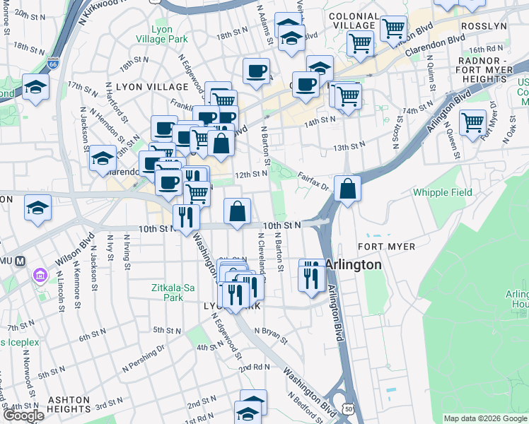 map of restaurants, bars, coffee shops, grocery stores, and more near 2525 10th Street North in Arlington