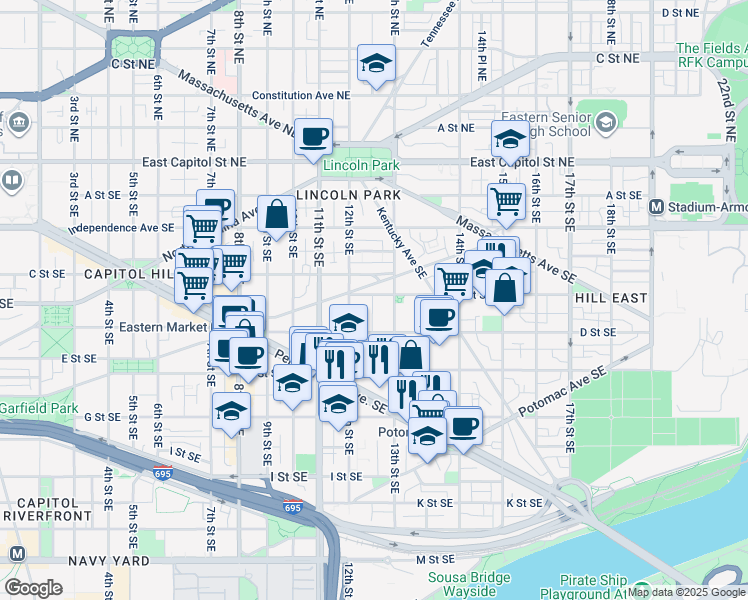 map of restaurants, bars, coffee shops, grocery stores, and more near 101 Independence Avenue Southeast in Washington