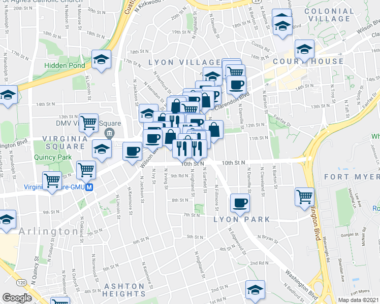 map of restaurants, bars, coffee shops, grocery stores, and more near 3625 10th Road North in Arlington