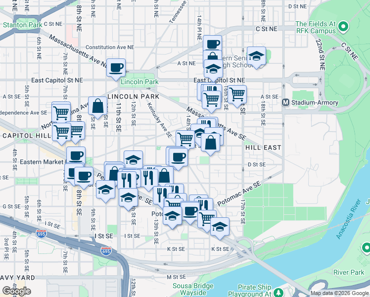 map of restaurants, bars, coffee shops, grocery stores, and more near 101 Independence Avenue Southeast in Washington