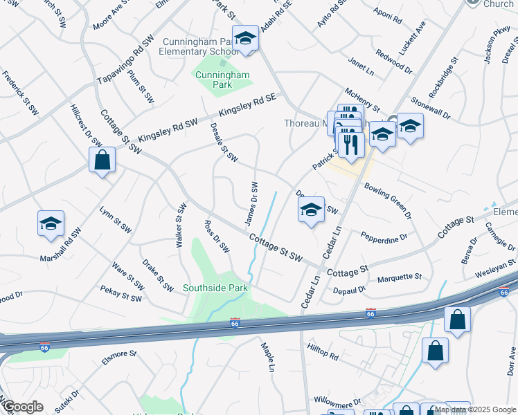 map of restaurants, bars, coffee shops, grocery stores, and more near 116 James Drive Southwest in Vienna
