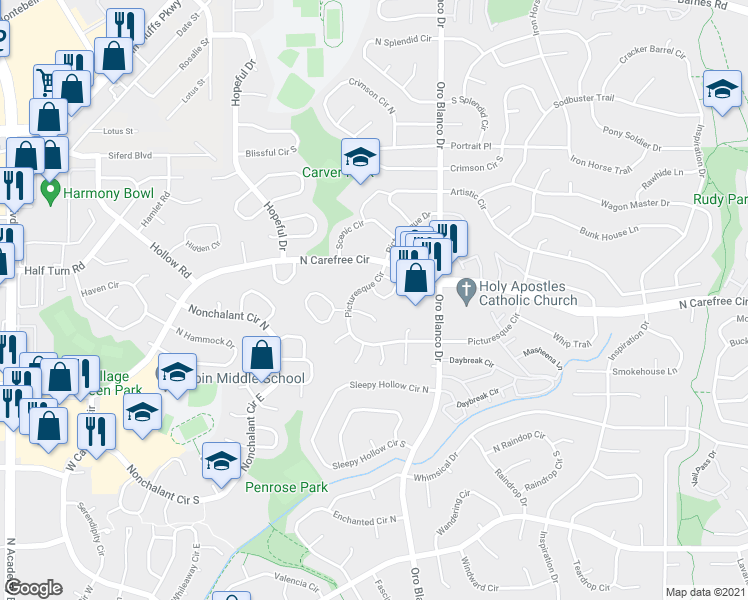 map of restaurants, bars, coffee shops, grocery stores, and more near 4615 Adieu Circle in Colorado Springs