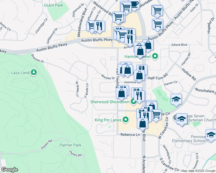 map of restaurants, bars, coffee shops, grocery stores, and more near 3434 Queen Anne Way in Colorado Springs
