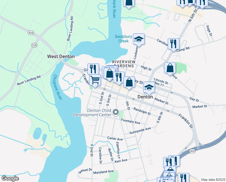 map of restaurants, bars, coffee shops, grocery stores, and more near 401 Franklin Street in Denton