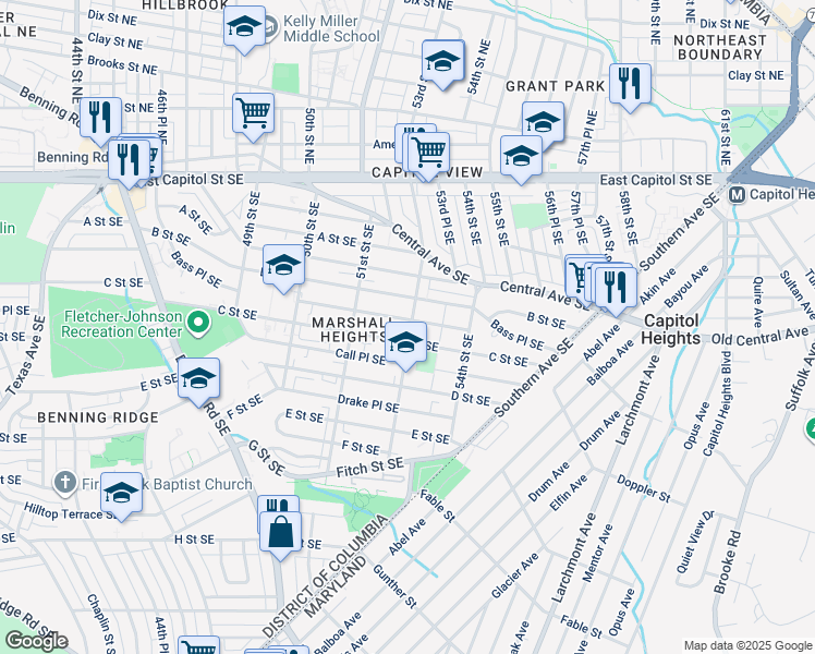 map of restaurants, bars, coffee shops, grocery stores, and more near 5231 Bass Place Southeast in Washington