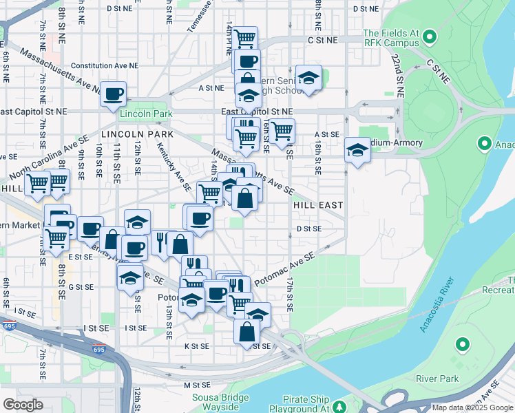 map of restaurants, bars, coffee shops, grocery stores, and more near 1525 C Street Southeast in Washington