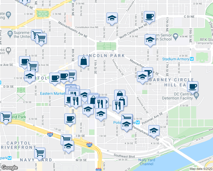 map of restaurants, bars, coffee shops, grocery stores, and more near 101 Independence Avenue Southeast in Washington