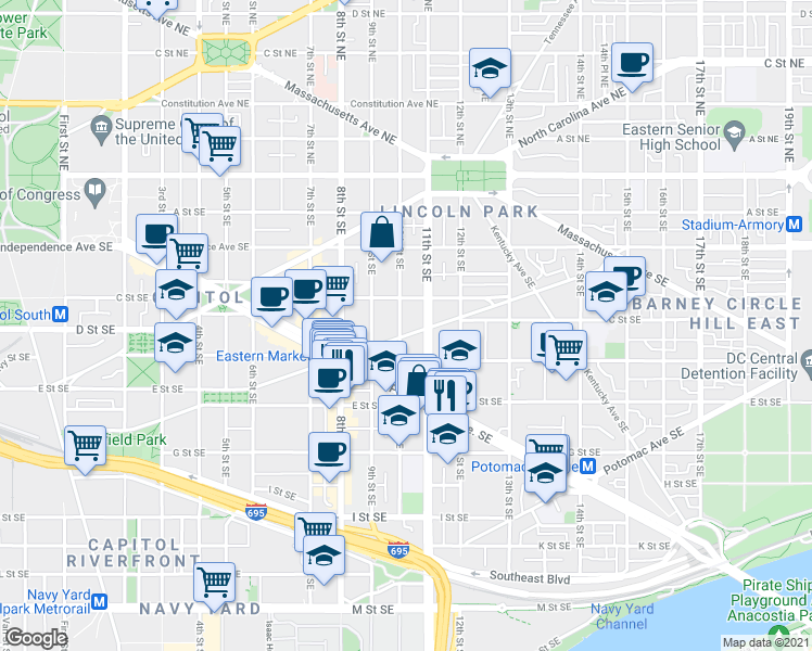 map of restaurants, bars, coffee shops, grocery stores, and more near 101 Independence Avenue Southeast in Washington