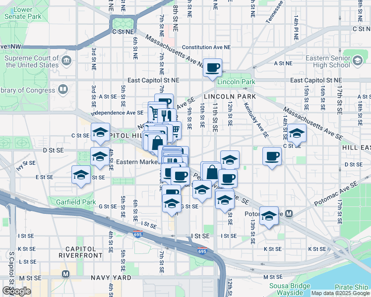 map of restaurants, bars, coffee shops, grocery stores, and more near 101 Independence Avenue Southeast in Washington