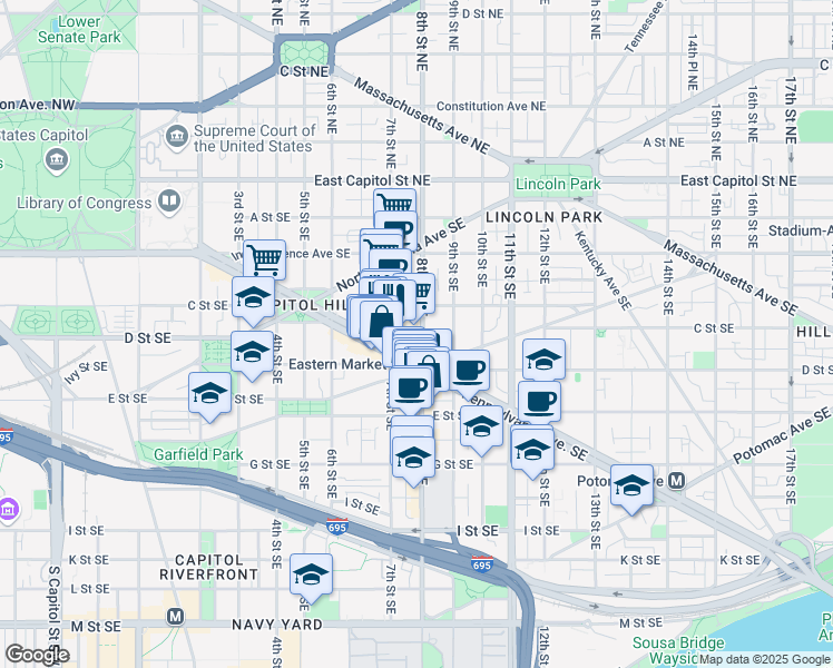 map of restaurants, bars, coffee shops, grocery stores, and more near 101 Independence Avenue Southeast in Washington