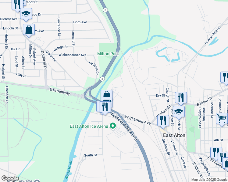 map of restaurants, bars, coffee shops, grocery stores, and more near 129 Virginia Street in East Alton