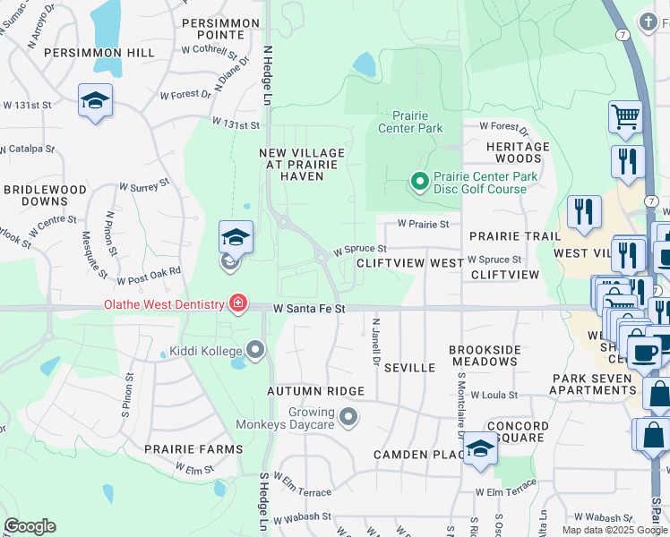 map of restaurants, bars, coffee shops, grocery stores, and more near in Olathe