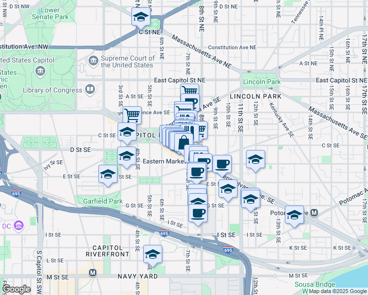 map of restaurants, bars, coffee shops, grocery stores, and more near 101 Independence Avenue Southeast in Washington