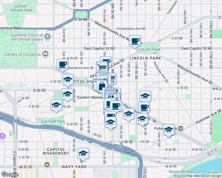map of restaurants, bars, coffee shops, grocery stores, and more near 101 Independence Avenue Southeast in Washington