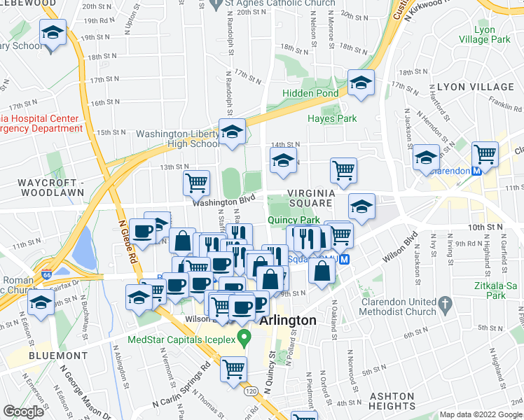 map of restaurants, bars, coffee shops, grocery stores, and more near 1160 North Quincy Street in Arlington