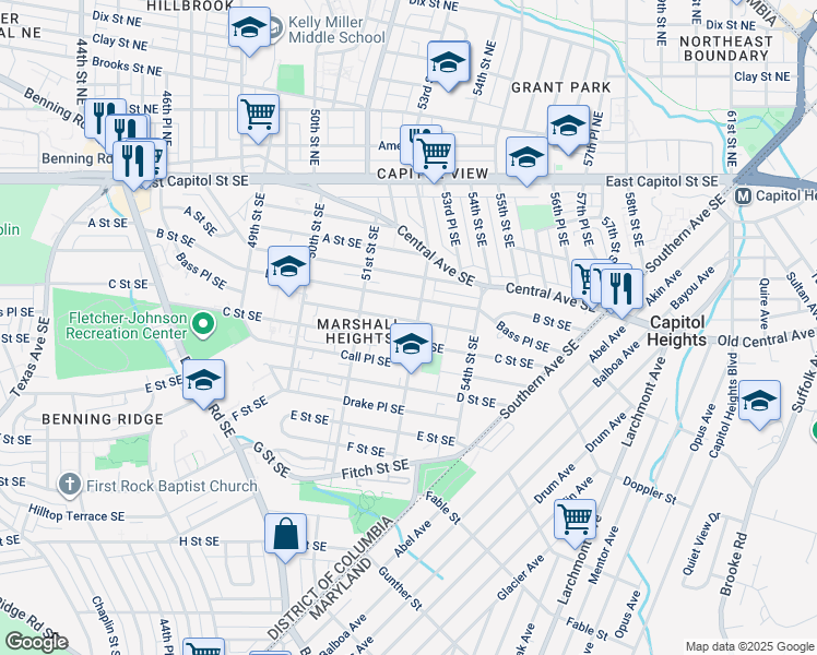 map of restaurants, bars, coffee shops, grocery stores, and more near 5229 Bass Place Southeast in Washington