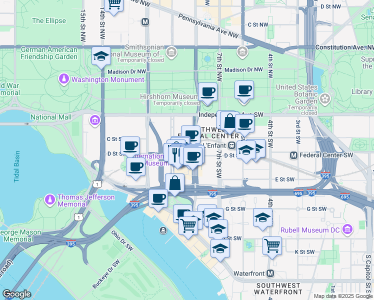 map of restaurants, bars, coffee shops, grocery stores, and more near 101 Independence Avenue Southeast in Washington