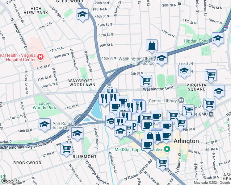 map of restaurants, bars, coffee shops, grocery stores, and more near 1170 North Vernon Street in Arlington