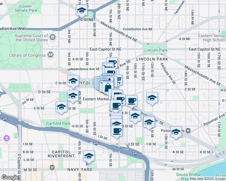 map of restaurants, bars, coffee shops, grocery stores, and more near 101 Independence Avenue Southeast in Washington