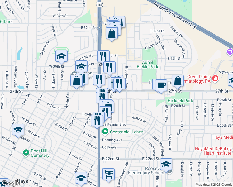 map of restaurants, bars, coffee shops, grocery stores, and more near 2529 General Hancock Road in Hays