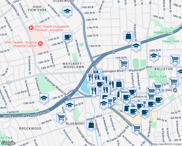 map of restaurants, bars, coffee shops, grocery stores, and more near 4650 North Washington Boulevard in Arlington