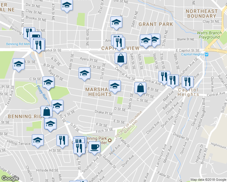 map of restaurants, bars, coffee shops, grocery stores, and more near 5229 Bass Place Southeast in Washington
