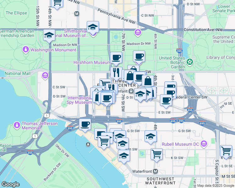 map of restaurants, bars, coffee shops, grocery stores, and more near 325 7th Street Southwest in Washington
