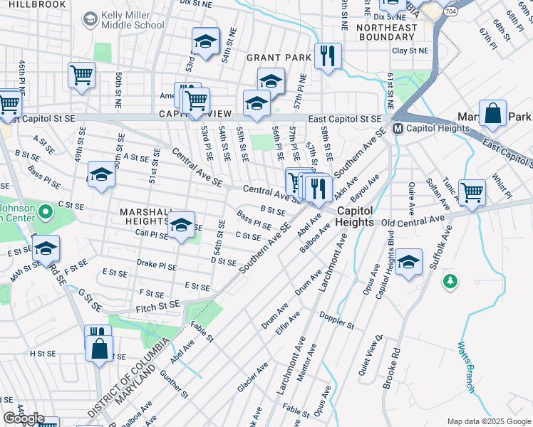 map of restaurants, bars, coffee shops, grocery stores, and more near 5521 B Street Southeast in Washington