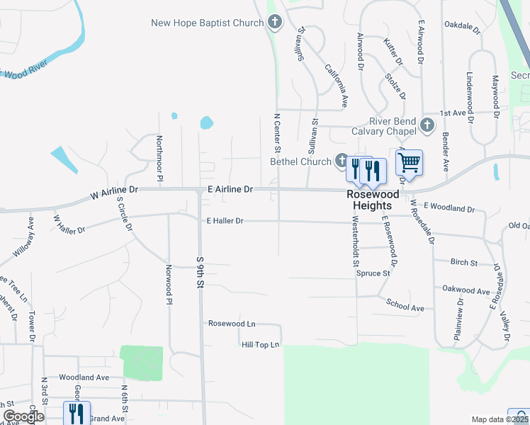 map of restaurants, bars, coffee shops, grocery stores, and more near 137 East Airline Drive in East Alton