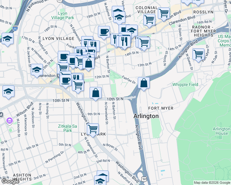 map of restaurants, bars, coffee shops, grocery stores, and more near 2300 11th Street North in Arlington