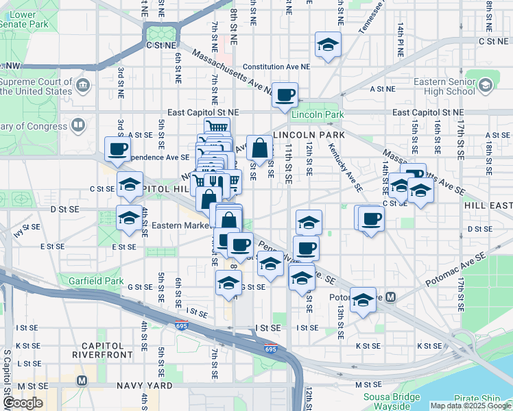 map of restaurants, bars, coffee shops, grocery stores, and more near 324 9th Street Southeast in Washington