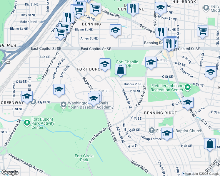 map of restaurants, bars, coffee shops, grocery stores, and more near 345 Burns Street Southeast in Washington