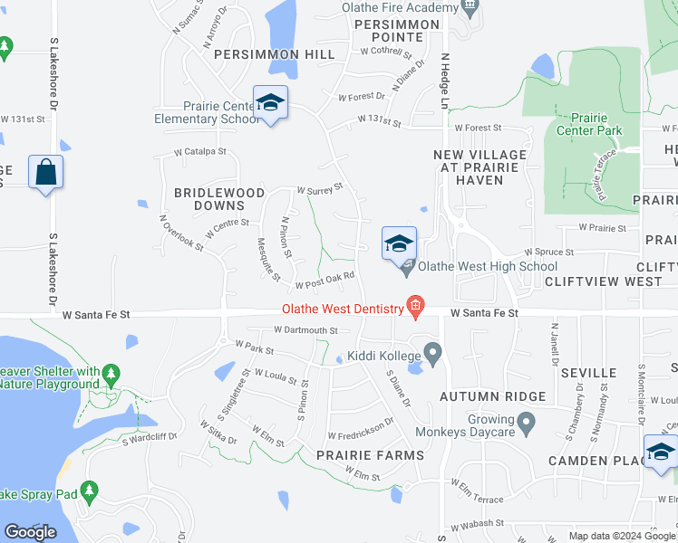 map of restaurants, bars, coffee shops, grocery stores, and more near 2316 West Post Oak Road in Olathe