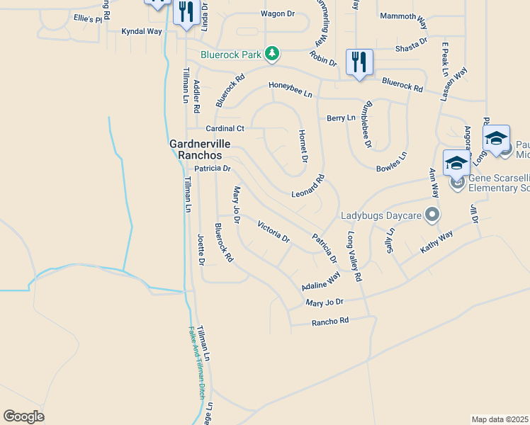 map of restaurants, bars, coffee shops, grocery stores, and more near 1345 Patricia Drive in Gardnerville