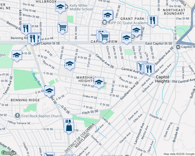 map of restaurants, bars, coffee shops, grocery stores, and more near 5225 Bass Place Southeast in Washington